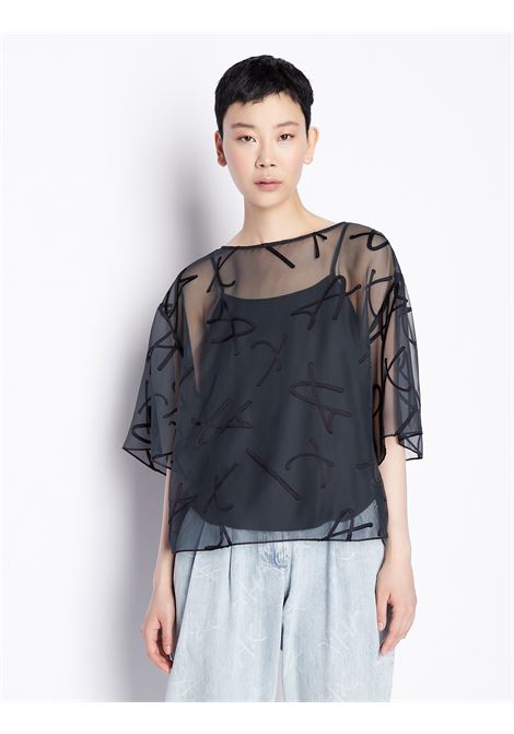 Blusa blu in organza con scritta logo all over e canotta a tinta unita con spalline sottili ARMANI EXCHANGE | Camicie | 3RYH26 YN2KZ15CO